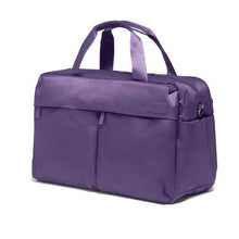 Load image into Gallery viewer, Angled front view of the plum duffel bag.