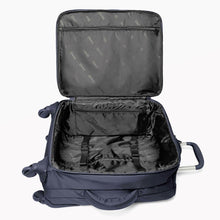 Load image into Gallery viewer, Interior view of the navy blue suitcase. It features black lining, zipper-closing pockets, and adjustable straps.