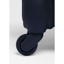 Load image into Gallery viewer, Close up to a wheel on the navy blue suitcase.