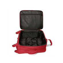 Load image into Gallery viewer, Interior view of the cherry red suitcase. It features zipper closing pockets and adjustable straps.