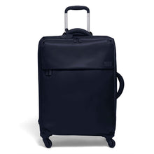 Load image into Gallery viewer, Front panel view of the large black spinner suitcase with the telescopic handle extended.
