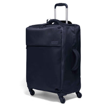 Load image into Gallery viewer, Angled front view of the black suitcase with the telescopic handle extended.