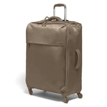 Load image into Gallery viewer, Angled front view of the taupe brown suitcase with the telescopic handle extended.