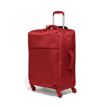 Load image into Gallery viewer, Angled front view of the red suitcase with the telescopic handle extended.