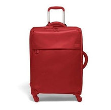 Load image into Gallery viewer, Front panel view of the cherry red suitcase with the telescopic handle extended.