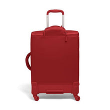 Load image into Gallery viewer, Back panel view of the cherry red suitcase with the telescopic handle extended.