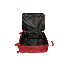 Load image into Gallery viewer, The cherry red suitcase laid on the back panel with the main compartment unzipped. It features black lining, zipper-closing pockets, and adjustable straps.