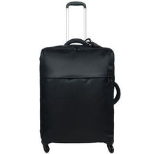 Load image into Gallery viewer, Front panel view of the black suitcase with the telescopic handle extended.