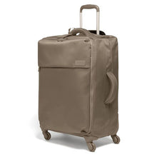 Load image into Gallery viewer, Angled front view of the taupe brown suitcase with the telescopic handle.