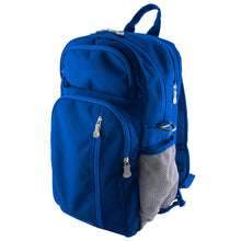Load image into Gallery viewer, Angled front view of the blue backpack on a white background.