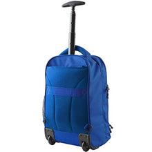 Load image into Gallery viewer, Angled back panel view of the blue rolling backpack with the telescopic handle extended.