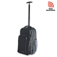Load image into Gallery viewer, Angled front view of the black rolling backpack with the telescopic handle extended.