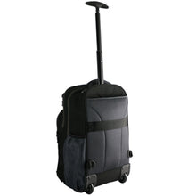 Load image into Gallery viewer, Angled back panel view of the black backpack with the telescopic handle extended.