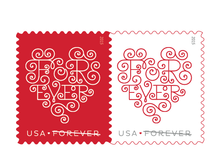 Load image into Gallery viewer, The stamp design in red and white with decorated text spelling FOREVER.