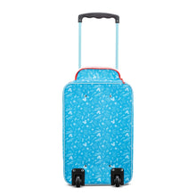 Load image into Gallery viewer, Back view of the suitcase. It is sky blue with som elight blue patterns of Mickey's head, some sunglasses, and other icons.
Placed on a white background.