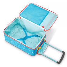 Load image into Gallery viewer, Inside view of the suitcase. It features a mesh bag compartment on the lid, and some safety straps to hold the contents in the main compartment.