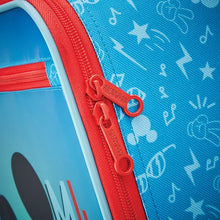 Load image into Gallery viewer, Close up to the two red zipper sliders on the main compartment. They have two circles at the end which allow for a lock to close the suitcase. The engraving "AMERICAN TOURISTER" is on both.