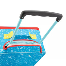 Load image into Gallery viewer, Angled top view of the suitcase. The handle can be hidden by a red zipper when fully inserted.