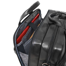 Load image into Gallery viewer, Interior view of the black panel, with a laptop and tablet inside their compartments.