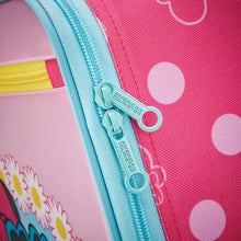 Load image into Gallery viewer, Close up to the zipper sliders. The circle on each allows for a lock to secure the suitcase's main compartment.