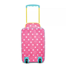 Load image into Gallery viewer, Back view of the suitcase placed on a white background. It features a pattern in light pink of polka dots and an outline of Minnie's head.
The handle is a light blue and yellow.