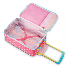 Load image into Gallery viewer, Inside view of the suitcase. it features a light pink lining, a mesh bag compartment on the lid, and a set of safety straps on the main compartment.
