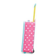 Load image into Gallery viewer, Side view of the suitcase, placed on a white background. . The zipper is light blue, and the sides feature the same pattern in pink and light pink.