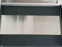 Load image into Gallery viewer, Top view of the presentation box with engraved Montblanc logo and text: HERITAGE COLLECTION, LIMITED EDITION