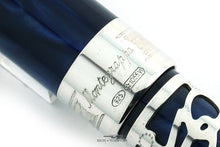 Load image into Gallery viewer, Close up to the Montegrappa logo and Sterling Silver hallmarks engraved on the cap band.