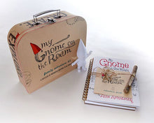 Load image into Gallery viewer, The notebook arranged with the gnome, pen, and case on a white background.