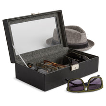 Load image into Gallery viewer, The glasses case shown opened on a white background with a series of glasses and a hat. (Accessories not included).
