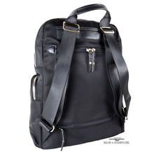 Load image into Gallery viewer, Angled back panel view of the black backpack