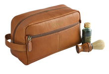 Load image into Gallery viewer, Angled front view of the tan leather toiletry bag.