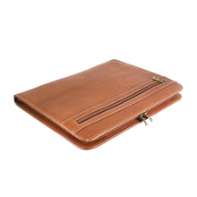 Load image into Gallery viewer, Angled view of the tan leather portfolio laying flat on a white background. It features a vertical zipper-closing pocket.