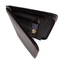 Load image into Gallery viewer, Top view of the opened brown leather portfolio. A cellphone and three pens are tucked in the dedicated compartments.
