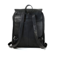 Load image into Gallery viewer, Back panel view of the black leather backpack with the shoulder straps set out.
