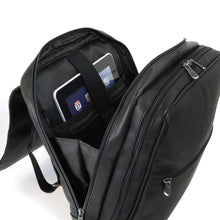 Load image into Gallery viewer, DayTrekr Leather Slip Flap Backpack
Side Panel View.  Showing back compartment with protection for your laptop and tablet.  Also includes a retainer strap to keep appliances secure.
Dimensions:  13.5 x 11.5 x 6"