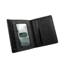 Load image into Gallery viewer, Angled interior view of the opened wallet. It features credit card compartments, a pocket for bills and an ID window.