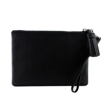 Load image into Gallery viewer, Front view of the black leather pouch.