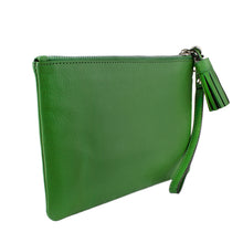 Load image into Gallery viewer, Angled front view of the green leather pouch.