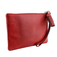 Load image into Gallery viewer, Angled front view of the red leather cosmetic pouch.
