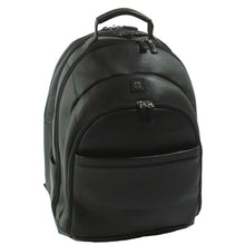Load image into Gallery viewer, Angled front view of the black leather backpack.