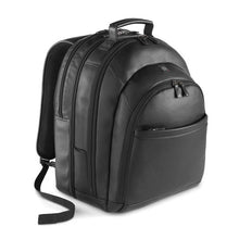 Load image into Gallery viewer, Angled front view of the black leather backpack.