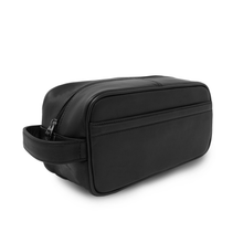 Load image into Gallery viewer, Angled front view of the black leather shave kit.