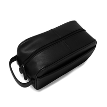 Load image into Gallery viewer, Angled top view of the black leather shave kit.
