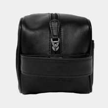 Load image into Gallery viewer, Side panel view of the black leather shave kit, showing the grab handle.