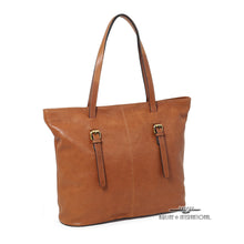Load image into Gallery viewer, Angled front view of a tan tote bag with the shoulder straps extended.