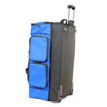Load image into Gallery viewer, Angled back panel view of the wheeled duffle bag.