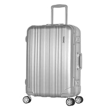 Load image into Gallery viewer, Angled front view of the silver colored suitcase.
