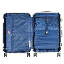 Load image into Gallery viewer, Interior view of the suitcase with zipper-closing compartments and panel dividers.